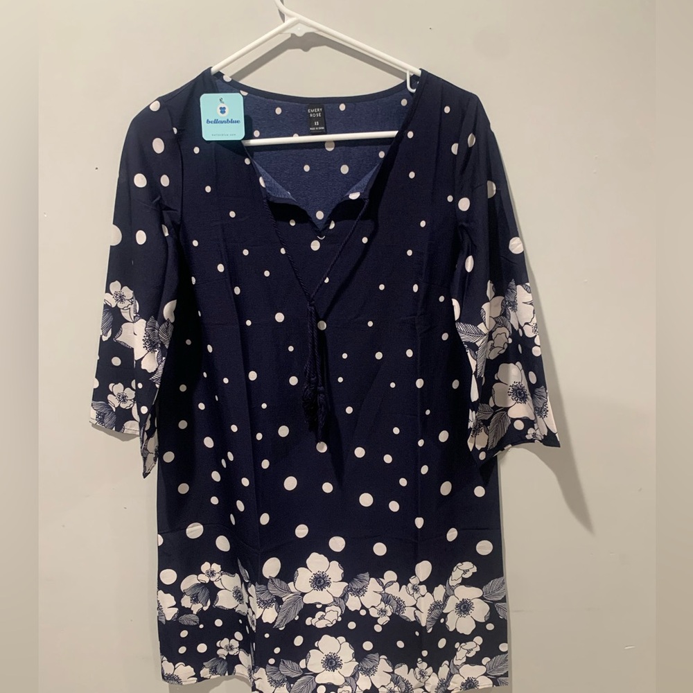 Navy Blue and White Polka Dot and Floral Print Tunic Dress - Picture 8 of 8
